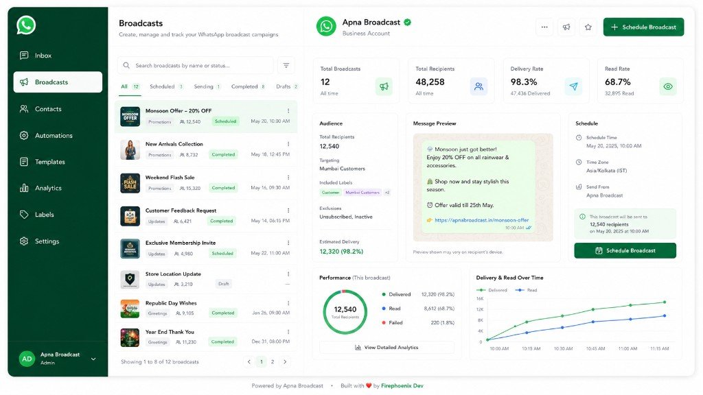 Apna Broadcast campaigns and broadcasts dashboard