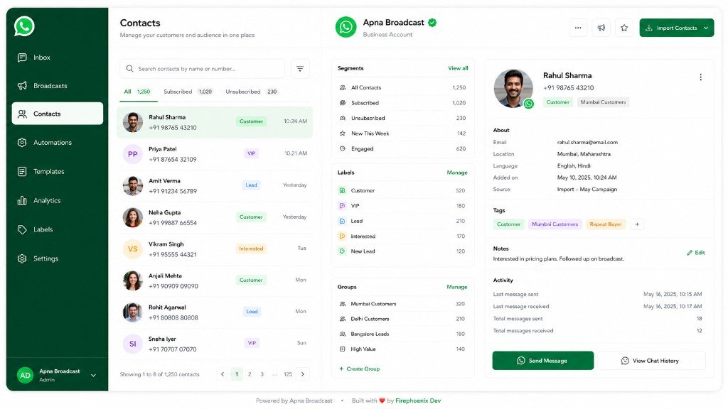 Apna Broadcast contacts management dashboard