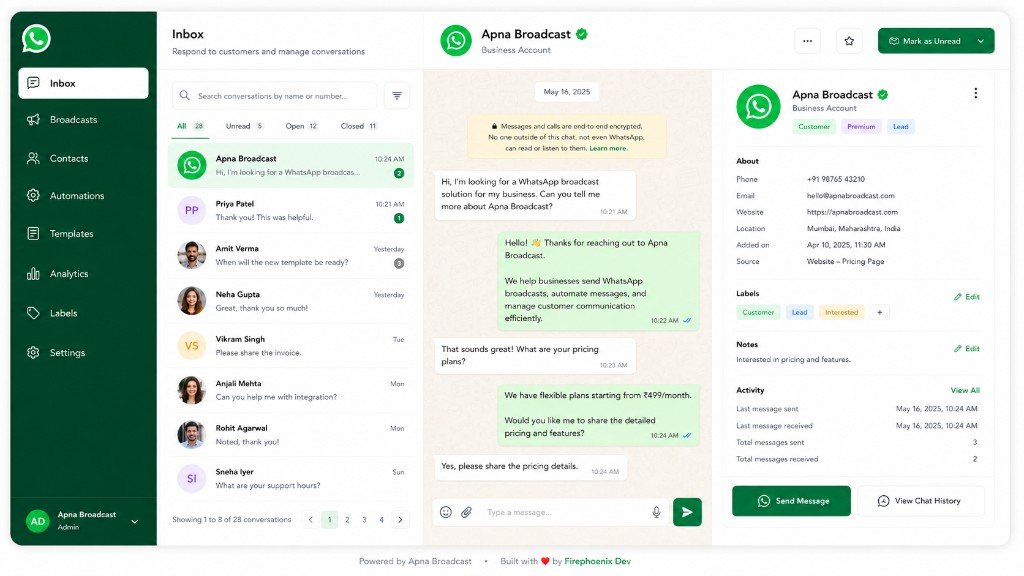 Apna Broadcast team inbox dashboard